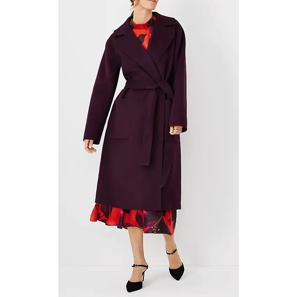 ANN TAYLOR VINEYARD GRAPE PETITE DOUBLEFACE BELTED WOOL BLEND BLANKET COAT LP L